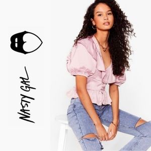 NWT Nasty Gal Pink Satin Puff Sleeve Ruffle Blouse 6 / Small